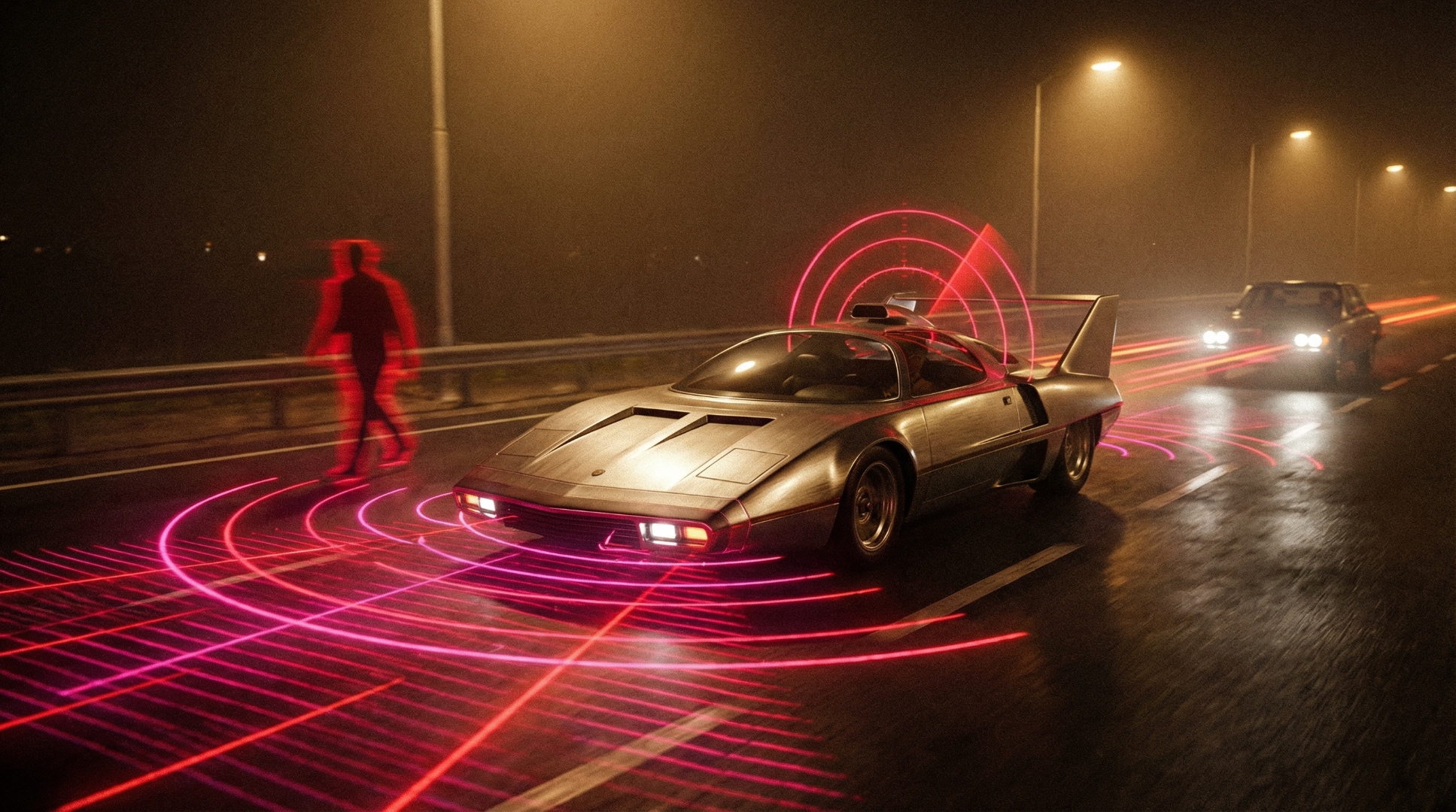Futuristic car with 360-degree sensor light detecting threats